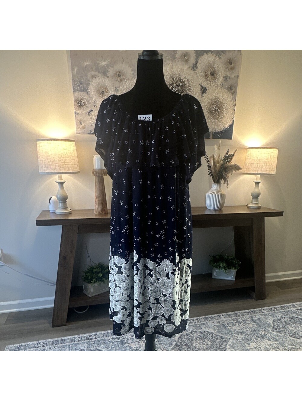 Ember Navy/White Floral Chiffon Shift Midi Dress L Scoop Neck Ruffle Lined